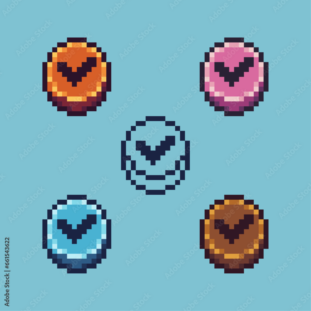 Poster pixel art sets of approve button with variation color item asset. simple bits of approve yes button 