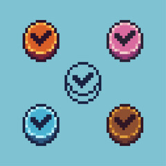 Pixel art sets of approve button with variation color item asset. Simple bits of approve yes button on pixelated style. 8bits perfect for game asset or design asset element for your game design asset.
