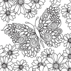 Floral background with butterfly colouring page design