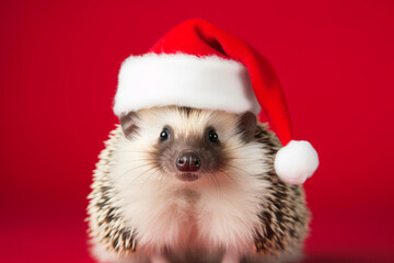 Fototapeta na wymiar Cute festive Christmas hedgehog wearing a Santa hat
