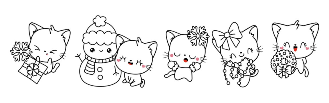 Set of Kawaii Christmas Cat Coloring Page. Collection of Cute Vector Christmas Animal Outline
