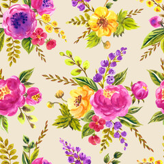 Seamless pattern of watercolor flowers on a beige background, print for fabrics, decor for various surfaces. - 661544493