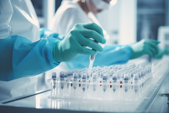 Medical Gloves Handling Test Tube Vials in Laboratory, Vaccine, Covid - Generative AI