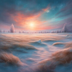 Beautiful landscape with a winter foggy morning on a meadow. Generative AI.