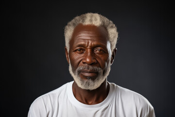 Senior bearded african american man in white t-shirt on dark gray background