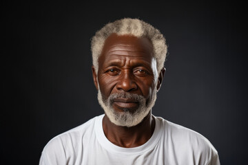 Obraz premium Senior bearded african american man in white t-shirt on dark gray background