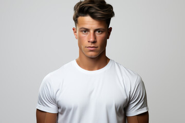 Fototapeta premium Portrait of a young Caucasian brunette man on a white background