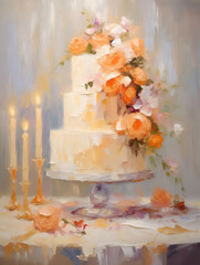 Wedding cake. Impressionism style oil painting.