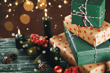 Christmas gift boxes with decoration on the table