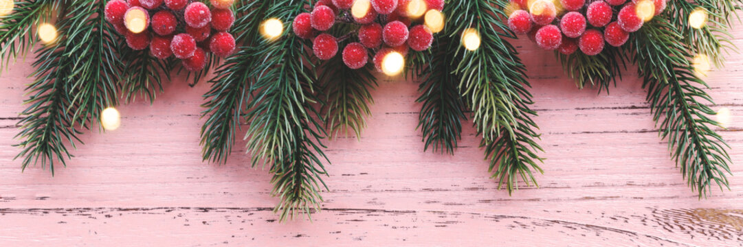 Christmas background with fir tree, holiday decorations