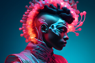 Portrait of  Fashion African man with neon costume and glasses in style of retro futurism, colorful bright cool look - obrazy, fototapety, plakaty