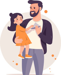 A young man holds his young daughter in his arms, flat design.