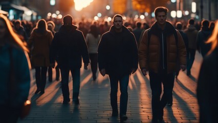 A blurry crowd of unrecognizable people on a fall street at sunset. crowd of people in a shopping