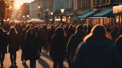 A blurry crowd of unrecognizable people on a fall street at sunset. crowd of people in a shopping