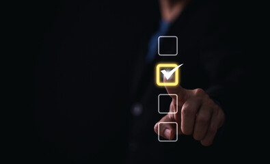 Checklist concept. businessman doing online checklist survey, Online survey and question, Document...