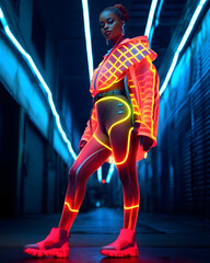 Fashion stylish African woman in neon costume and neon shoes, in the style of futuristic pop, luminous color palette