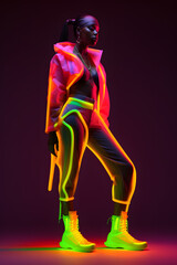 Fototapeta premium Fashion stylish African woman in neon costume and neon shoes, in the style of futuristic pop, luminous color palette