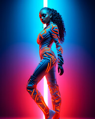 Fashion stylish African woman in neon costume and neon shoes, in the style of futuristic pop,...