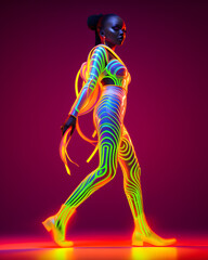 Fototapeta premium Fashion stylish African woman in neon costume and neon shoes, in the style of futuristic pop, luminous color palette