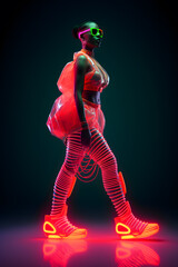 Fototapeta na wymiar Fashion stylish African woman in neon costume and neon shoes, in the style of futuristic pop, luminous color palette