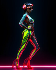 Fashion stylish African woman in neon costume and neon shoes, in the style of futuristic pop, luminous color palette