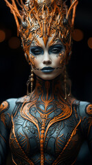 Extraordinary halloween make up, luxury fashion photography face of unknown woman, wearing futuristic haute couture halloween costume. AI Generation