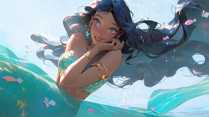 really cute smiling anime mermaid half in water, manga concept artwork - obrazy, fototapety, plakaty