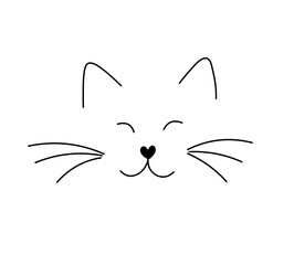 Vector isolated one single cute cartoon funny cat muzzle with ears and whiskers colorless black and white contour line easy drawing