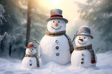 Obraz premium family of snowmen in a snowy field