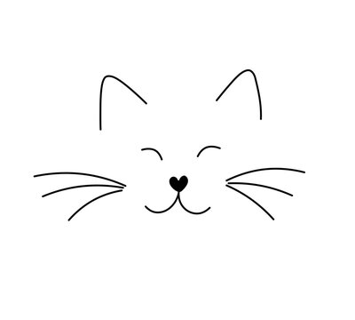 Vector isolated one single cute cartoon funny cat muzzle with ears and whiskers colorless black and white contour line easy drawing