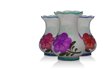 front view three ceramic vase on white background, decor, retro, vintage, ancient, fashion, copy space