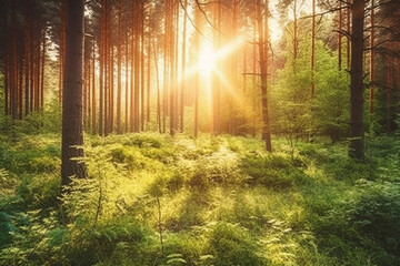 Sunset or sunrise in the summer forest. Landscape with sunbeams in the morning.