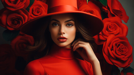Elegant lady in red hat with red lips makeup. Fashionable woman in a luxurious red evening dress. Red roses in the background.