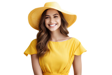 Beautiful woman in yellow summer dress is smiling happily on PNG transparent background. Summer travel concept.