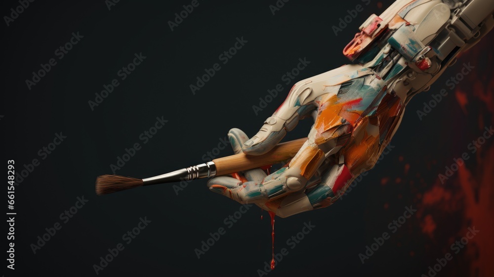 Poster generative ai art technology concept, robot painting picture in studio. generative ai image.