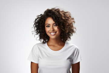 Fototapeta premium Young happy african american woman in white t-shirt isolated on white background