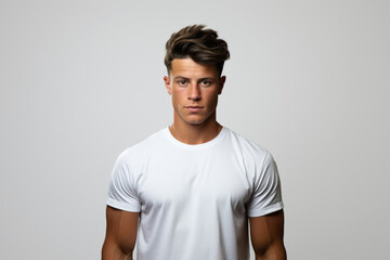 Portrait of a young Caucasian brunette man on a white background