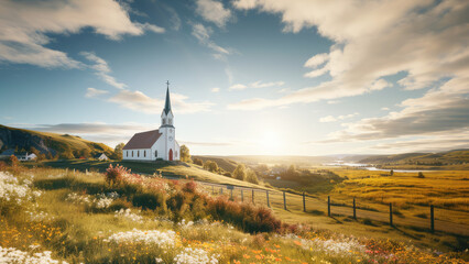 Church on the hillside at sunset. Panoramic view on the field with flowers - obrazy, fototapety, plakaty