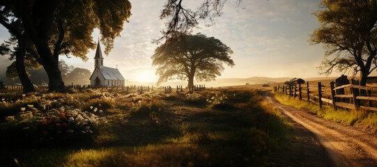 Church in a field at sunrise. Panoramic image of a rural landscape.