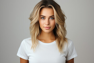 Fototapeta premium Beautiful young blond woman in white t-shirt isolated on gray background