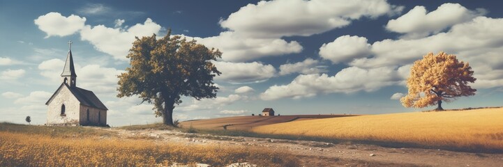 Obraz premium Old church in the countryside. Panoramic image. Retro style.