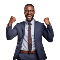 Black American employee smiling and raising his hands in joy on PNG transparent background. - obrazy, fototapety, plakaty