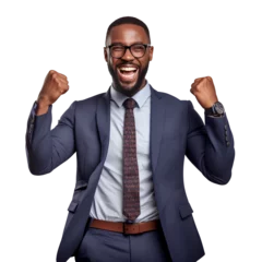 Foto op Plexiglas Black American employee smiling and raising his hands in joy on PNG transparent background. © I LOVE PNG