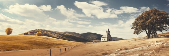 Fototapeta premium Panoramic view of the old church on the hillside.