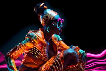 Portrait of Fashion African woman with neon costume and glasses in style of retro futurism, colorful bright cool look