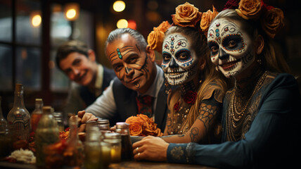 Group of friends sitting at a table in costume celebrating the Day of the Dead in Mexico.