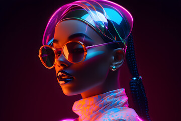 Portrait of Fashion African woman with neon costume and glasses in style of retro futurism, colorful bright cool look