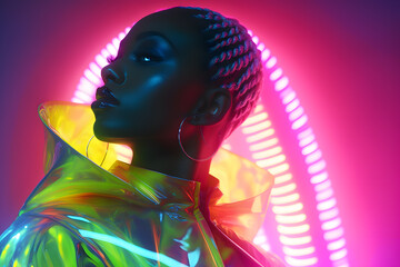 Portrait of Fashion African woman with neon costume and glasses in style of retro futurism,...