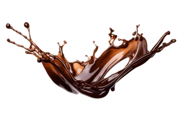 Wandcirkels aluminium chocolate milk splash wave swirl isolated on a transparent background, chocolate splashing PNG, brownish hot coffee drop splash PNG transparent © graphicbeezstock