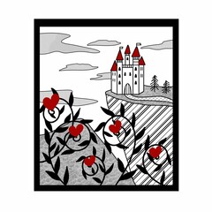 Castle on rock and flowers as red hearts, digital illustration in black frame on white background. For postcards, greeting cards, posters, banners, stickers, magnets, prints for clothing, shoppers etc